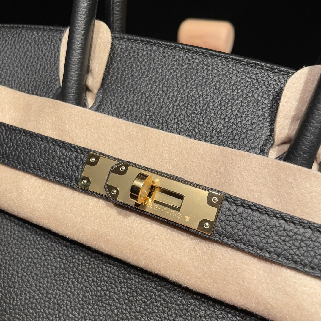 Luxury Handcrafted Black Grained Leather Top Handle Bag with Gold Hardware