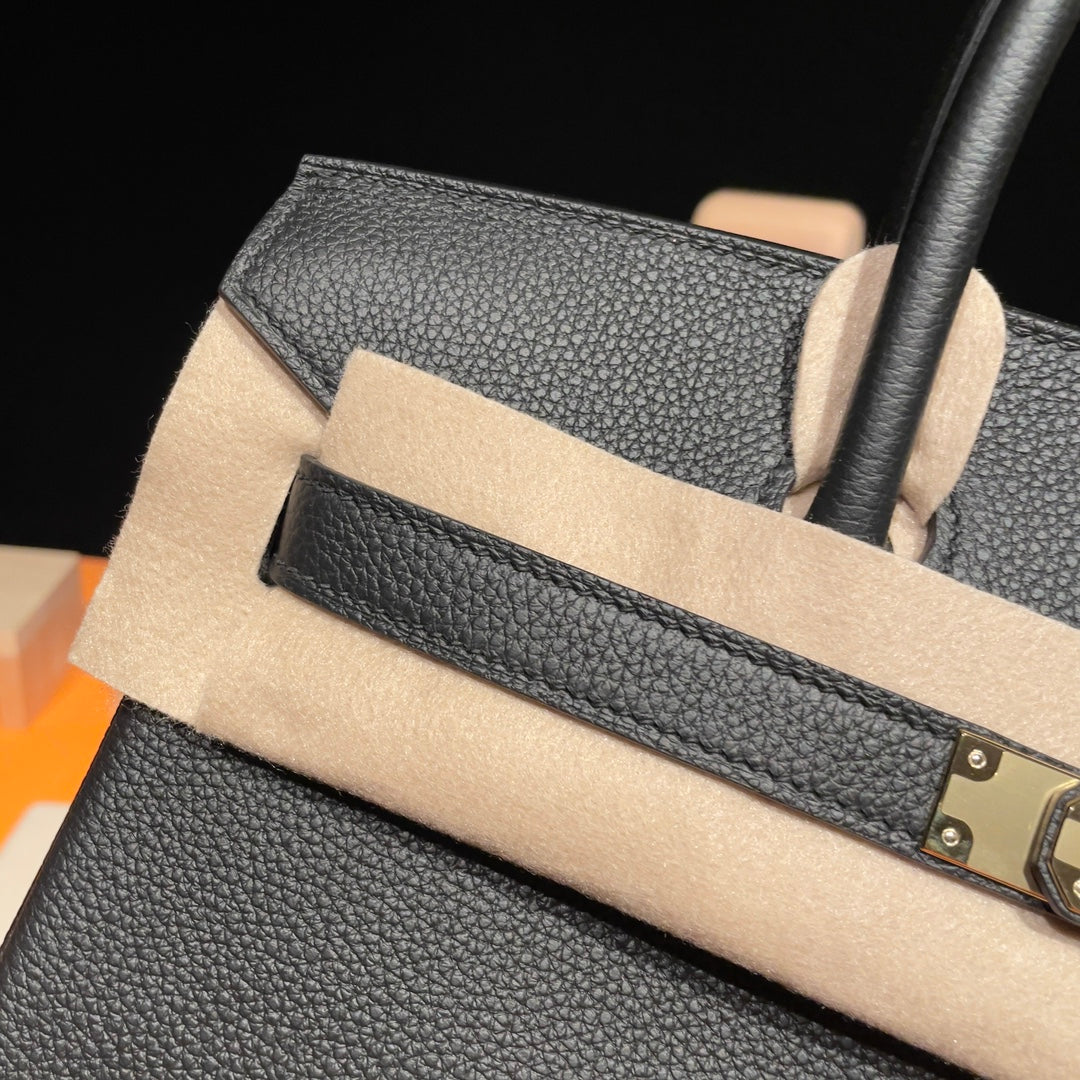 Luxury Handcrafted Black Grained Leather Top Handle Bag with Gold Hardware