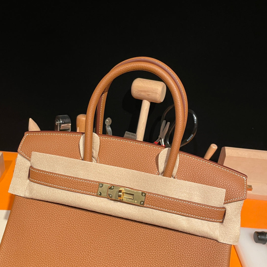Luxury Tan Leather Birkin Style Handbag with Gold Hardware
