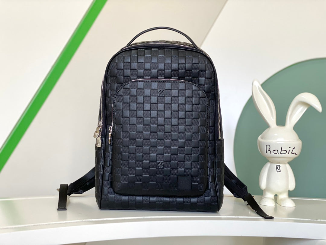 Men's Black Woven Pattern Leather Backpack - Large Capacity Business & Travel Bag