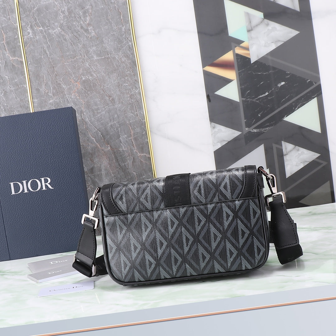 Dior Black CD Diamond Canvas Messenger Bag with Adjustable Strap