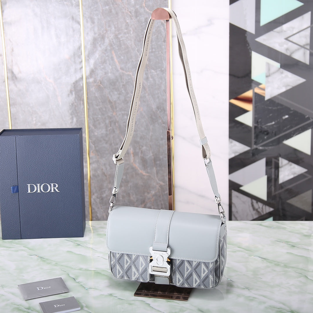 Dior Lingot 22 Messenger Bag - CD Diamond Canvas & Smooth Calfskin Grey/Blue