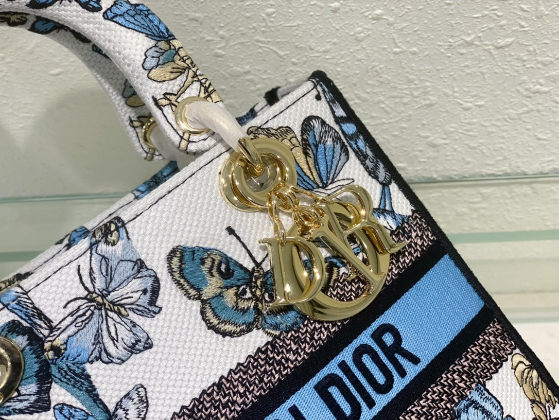 Christian Dior Mini Lady D-Lite Bag with White and Blue Butterfly Embroidery