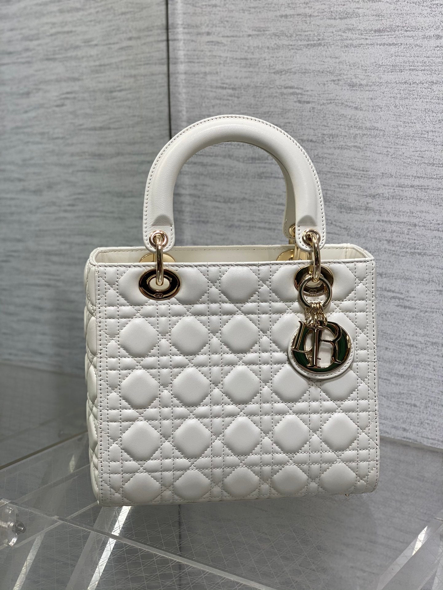 Small Lady Dior Bag - White Cannage Lambskin with Gold-Finish Metal Charms