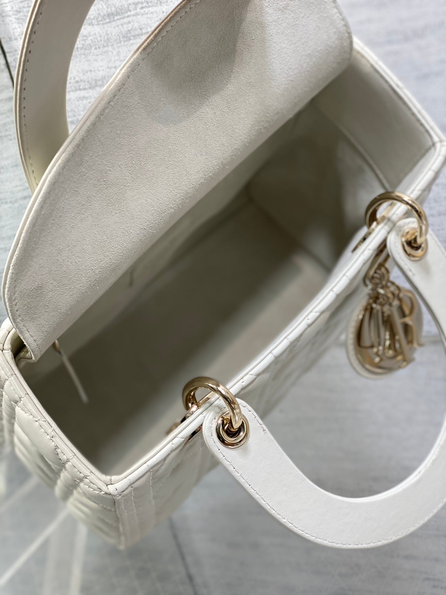 Small Lady Dior Bag - White Cannage Lambskin with Gold-Finish Metal Charms