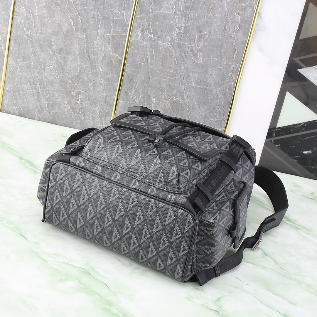 Grey Geometric Diamond Pattern Multi-Pocket Backpack for Men and Women