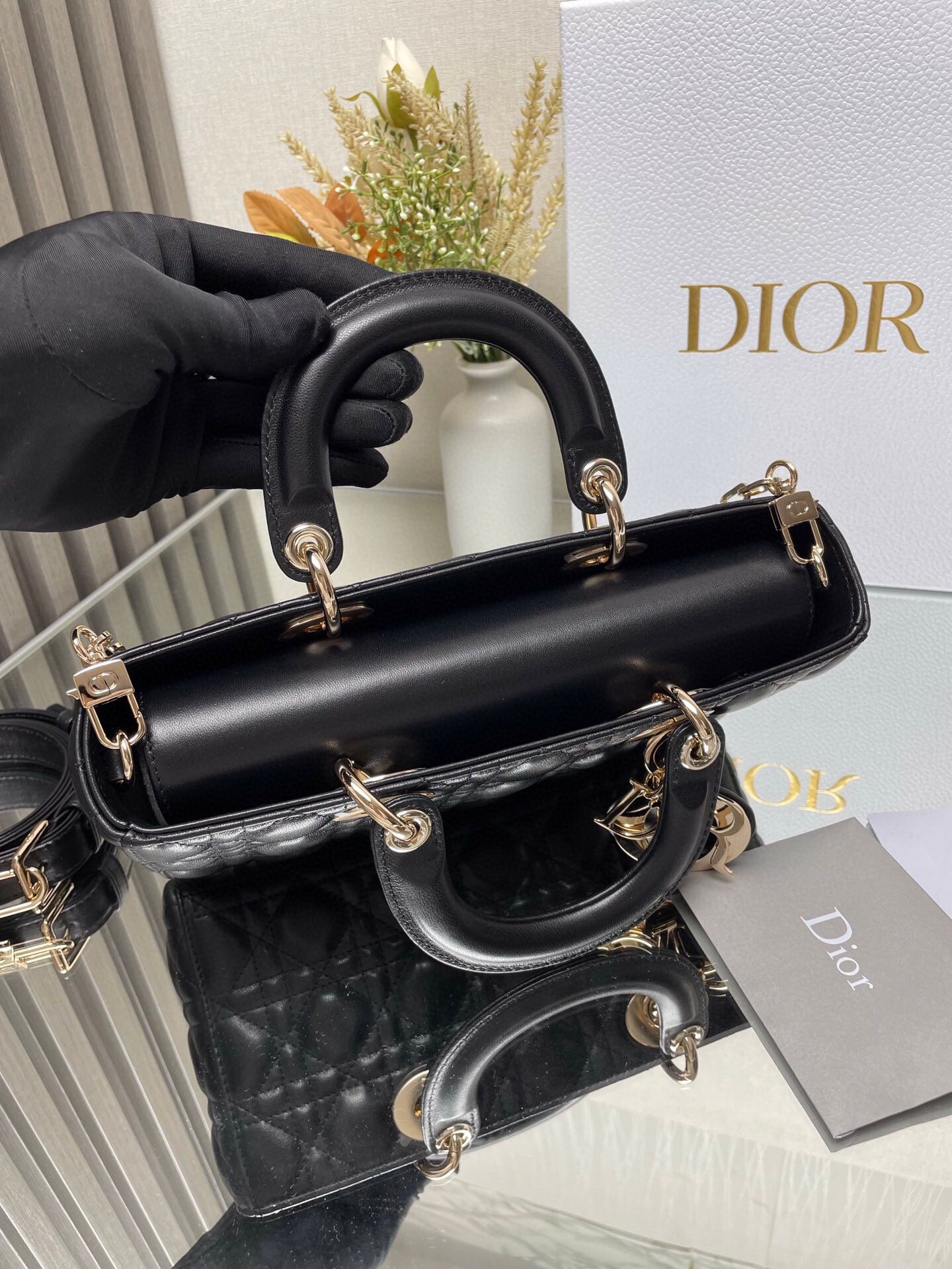 Christian Dior Lady D-Joy Bag - Black Cannage Lambskin with Gold-Finish Metal Charms
