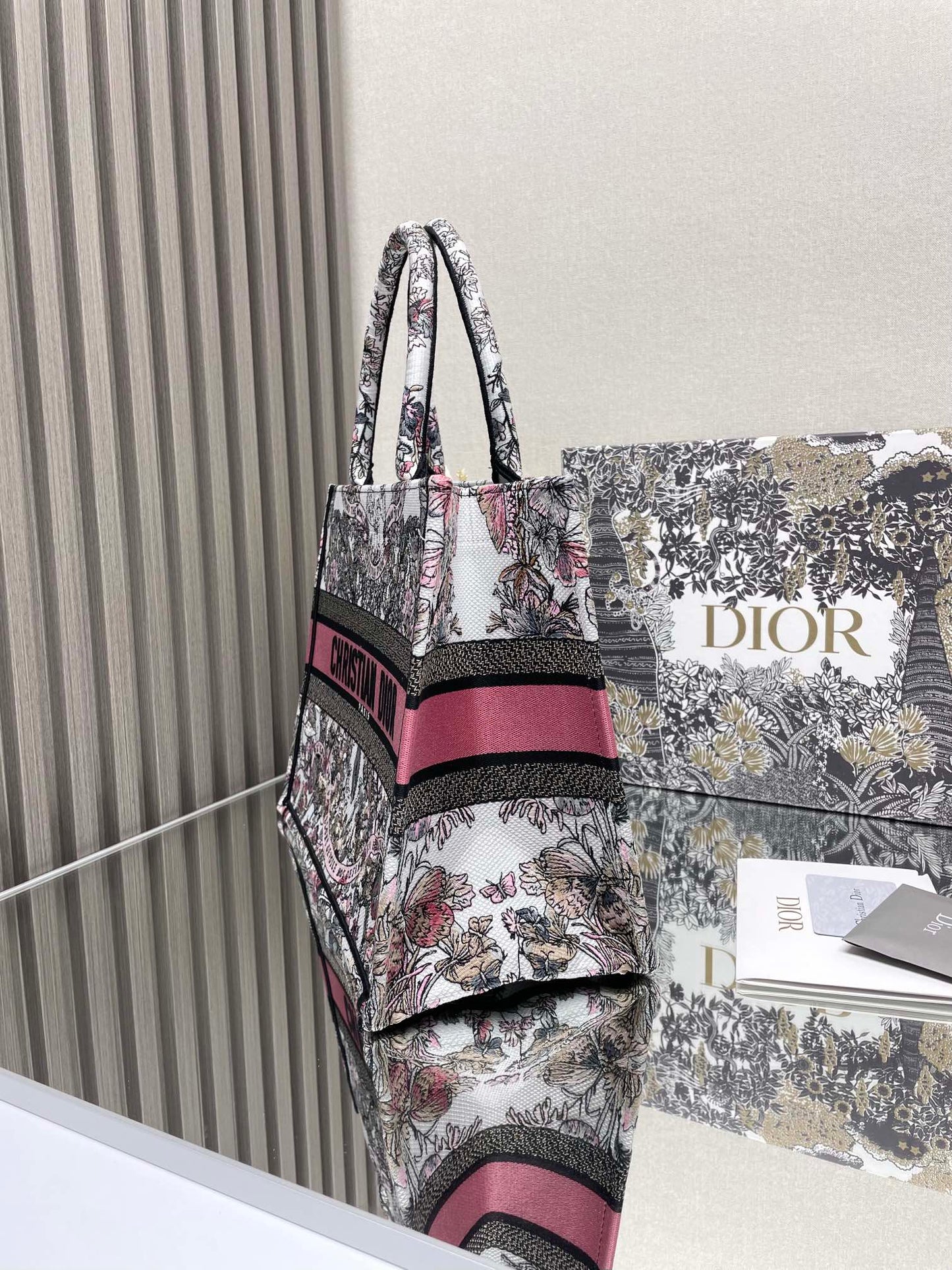 Christian Dior Medium Book Tote - Grey, White, and Pink Toile de Jouy Embroidery