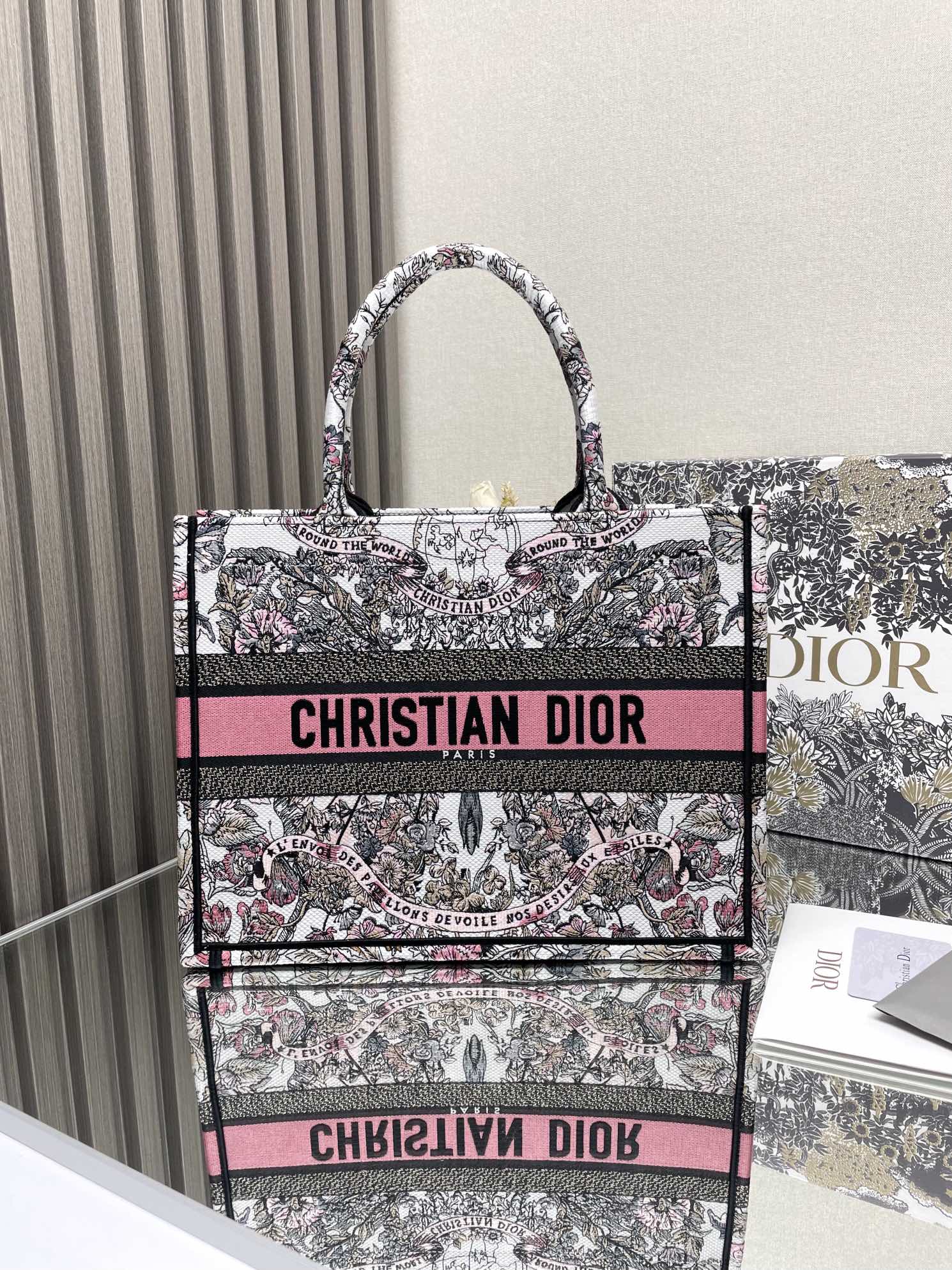 Christian Dior Medium Book Tote - Grey, White, and Pink Toile de Jouy Embroidery