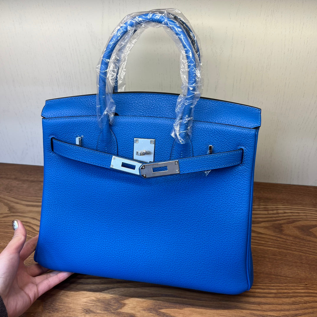 Electric Blue Leather Birkin Style Handbag - Elegant Top-Handle Tote with Silver Hardware