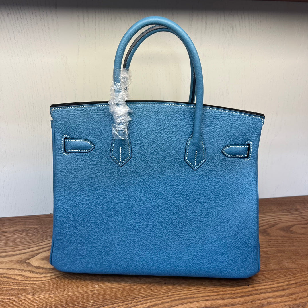 Luxury Blue Leather Handbag - Classic Top Handle Tote with Gold-Tone Hardware