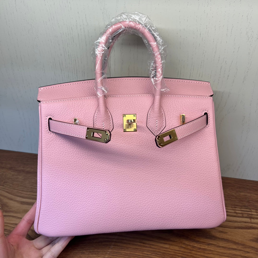 Luxury Pink Pebbled Leather Handbag - Elegant Grained Leather Tote with Protective Feet