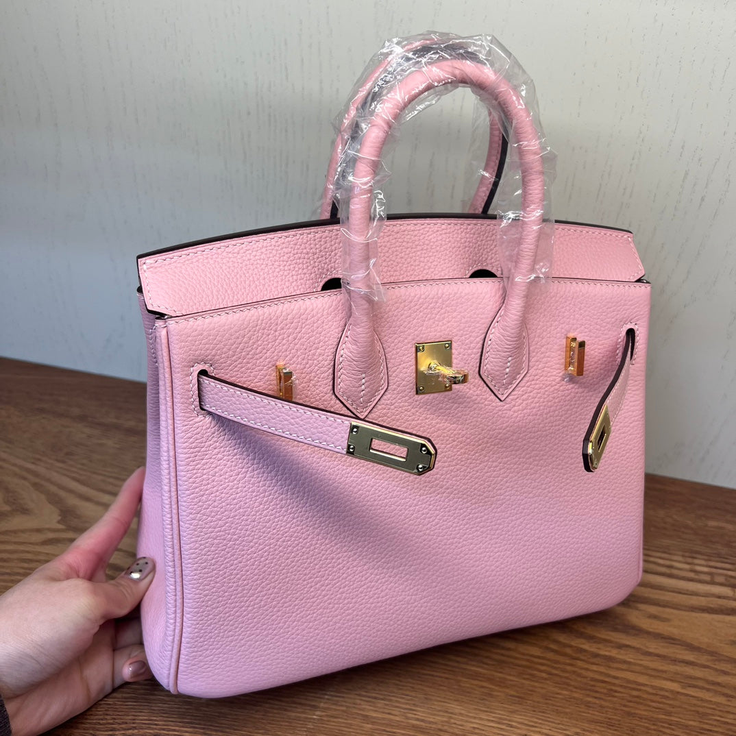 Luxury Pink Pebbled Leather Handbag - Elegant Grained Leather Tote with Protective Feet