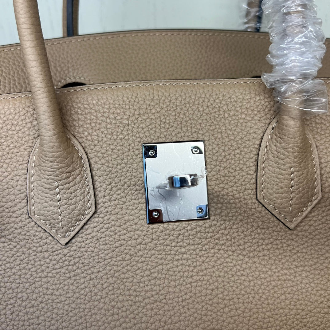 Luxury Pebbled Leather Top Handle Handbag - Elegant Taupe Birkin Style Tote