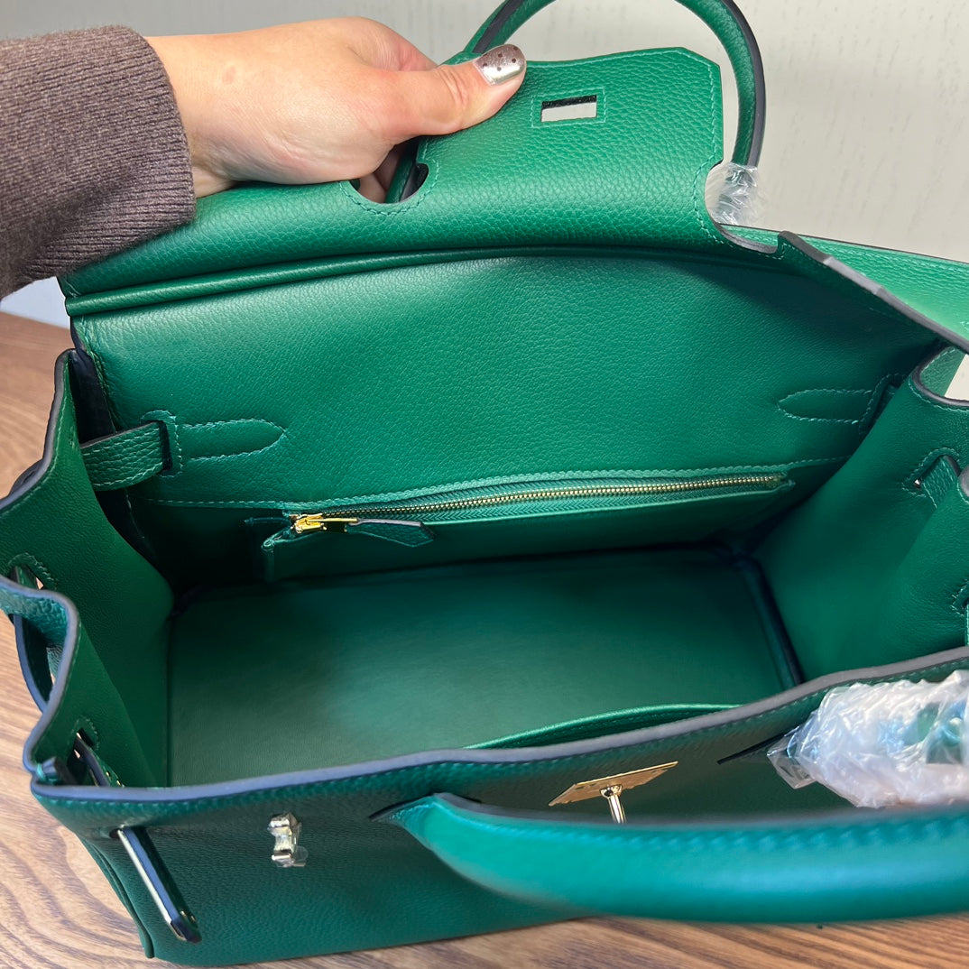 Emerald Green Textured Leather Top Handle Handbag - Elegant Birkin Style Tote