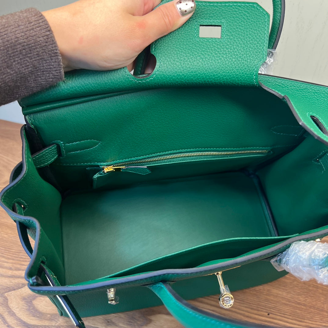 Emerald Green Textured Leather Top Handle Handbag - Elegant Birkin Style Tote