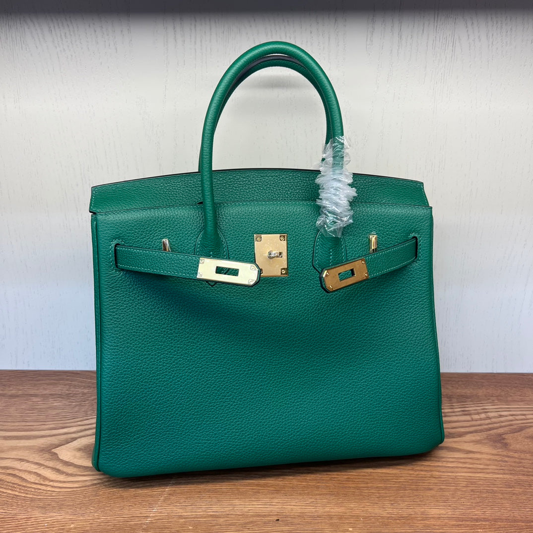 Emerald Green Textured Leather Top Handle Handbag - Elegant Birkin Style Tote