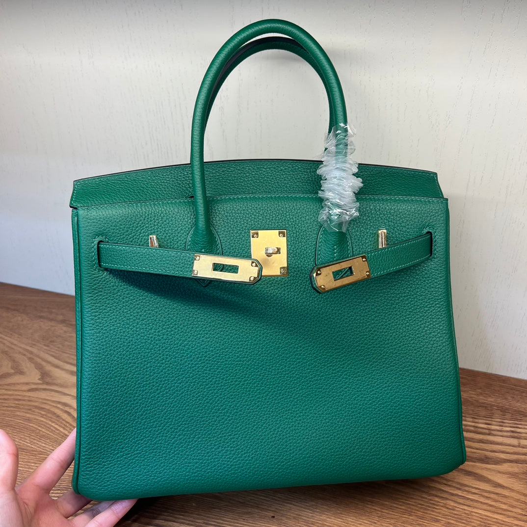 Emerald Green Textured Leather Top Handle Handbag - Elegant Birkin Style Tote