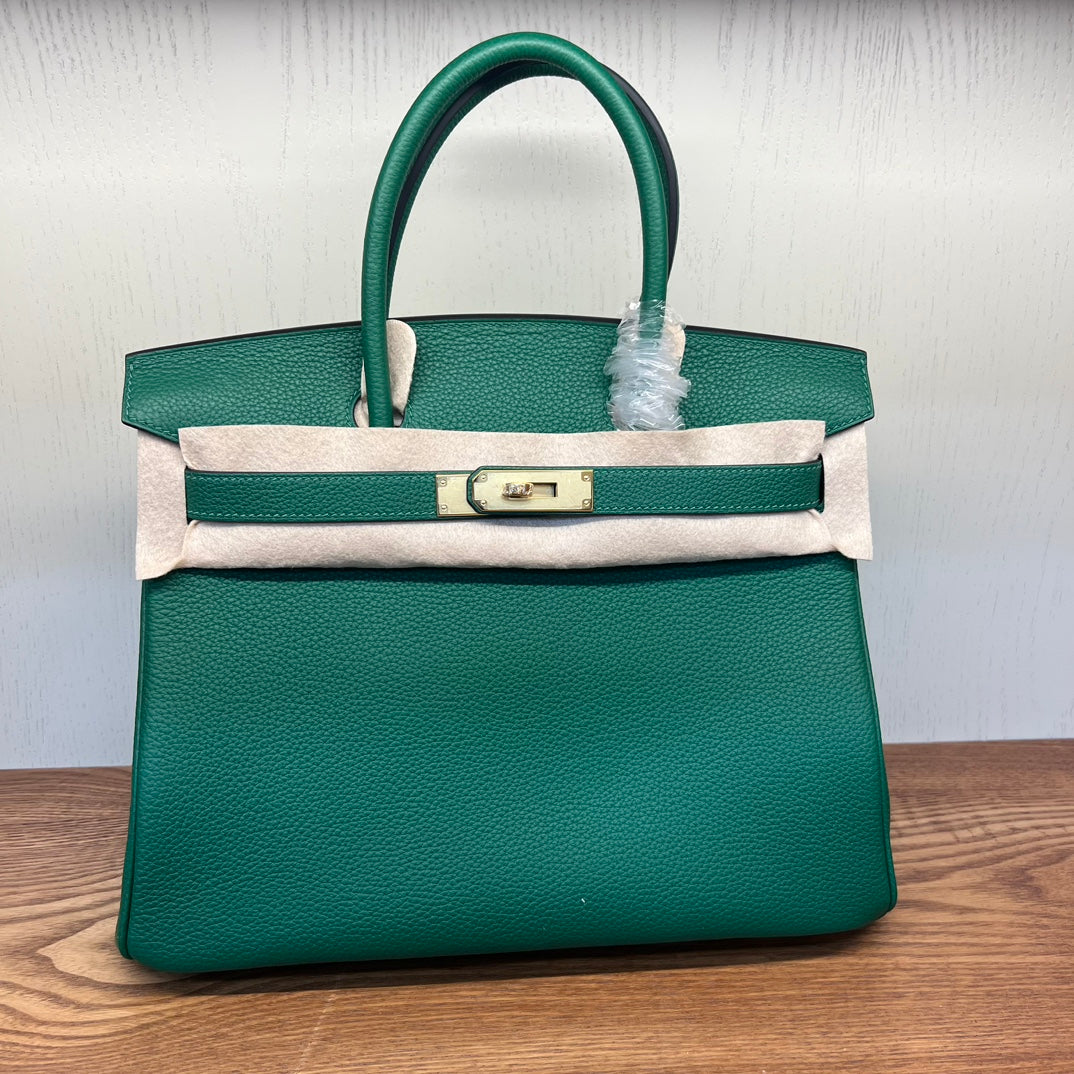 Emerald Green Textured Leather Top Handle Handbag - Elegant Birkin Style Tote