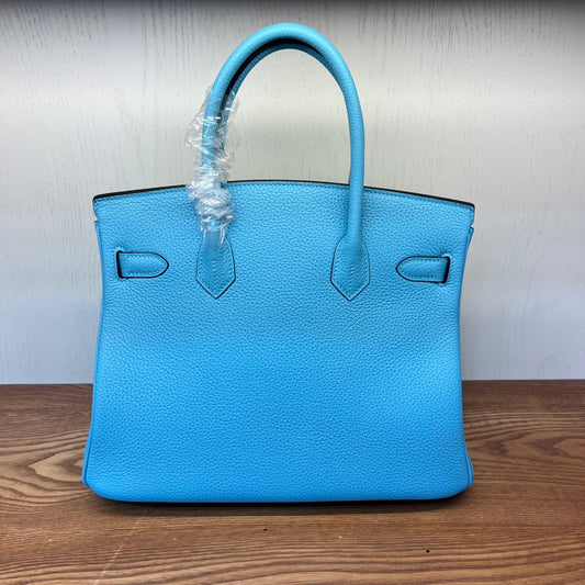 Bright Blue Textured Leather Top Handle Satchel Bag