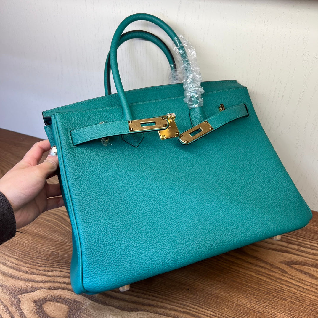Teal Textured Leather Birkin-Style Handbag with Gold-Tone Hardware