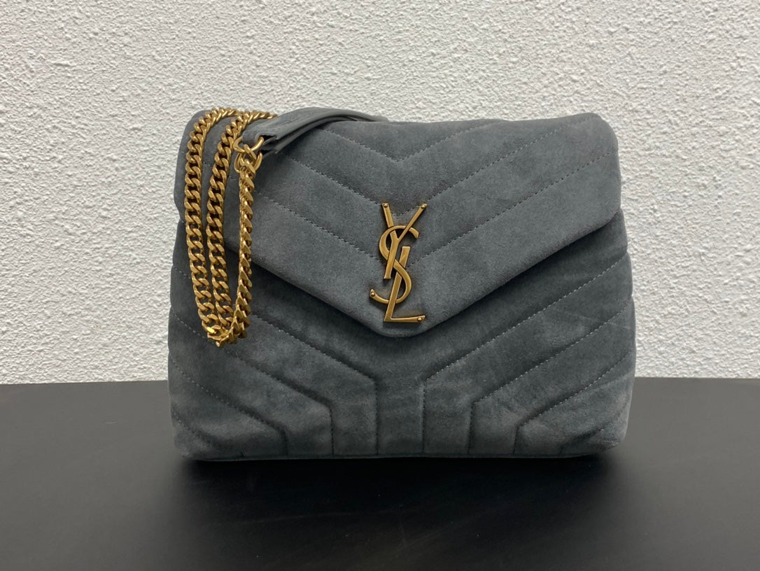 Saint Laurent Small Loulou Suede Shoulder Bag in Grey with Gold-Tone Hardware