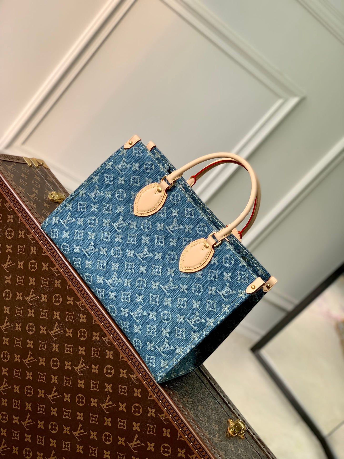 Louis Vuitton Onthego MM Monogram Denim Blue Tote Bag