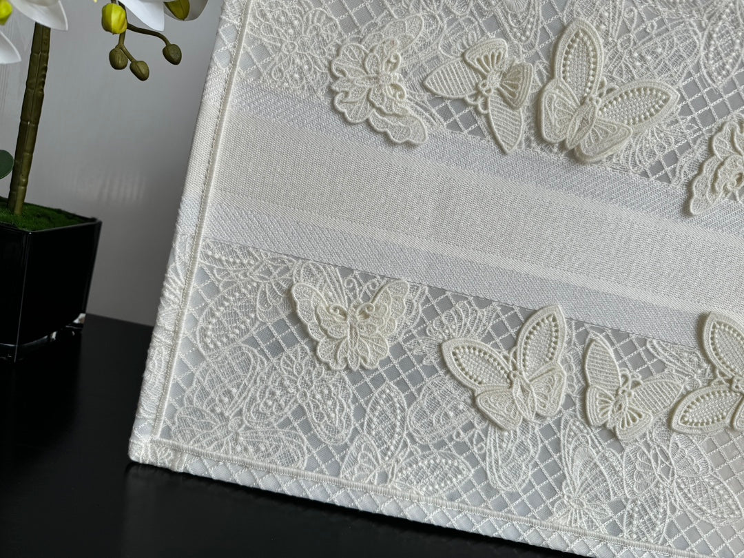 Christian Dior Book Tote Large White Butterfly Embroidery Canvas Bag