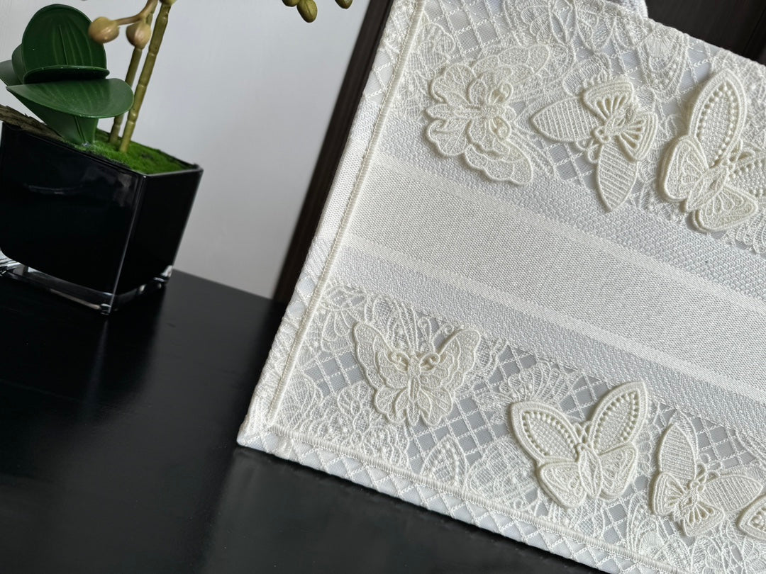Christian Dior Medium Book Tote - White Canvas with Butterfly Embroidery
