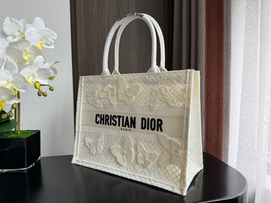 Christian Dior Medium Book Tote - White Canvas with Butterfly Embroidery