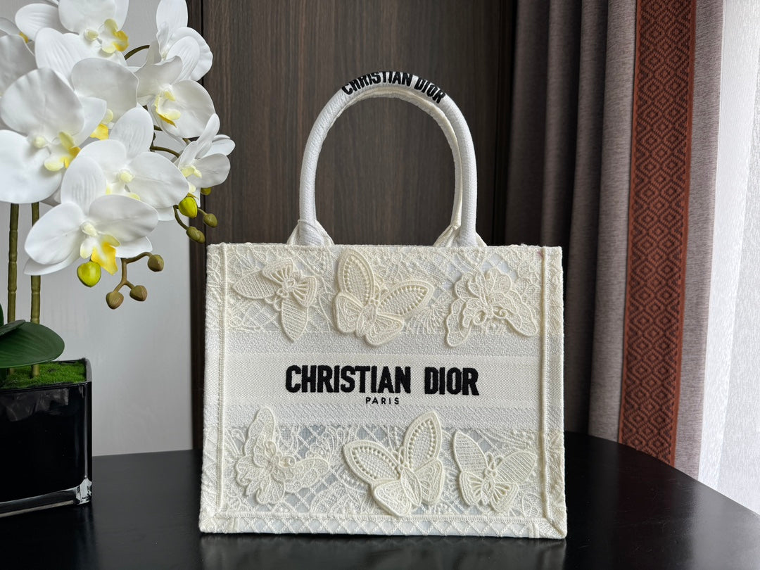 Christian Dior Medium Book Tote - White Butterfly Embroidery Canvas Bag