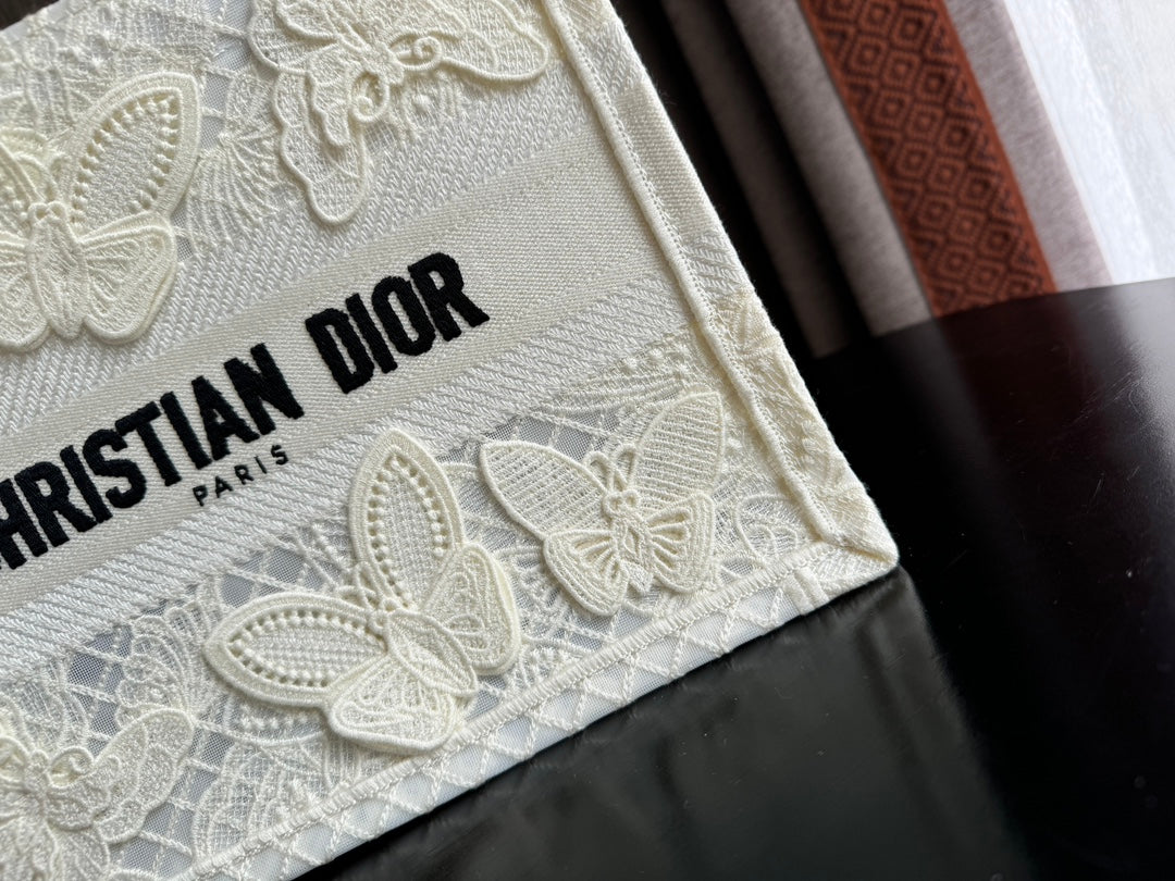 Christian Dior Medium Book Tote - White Butterfly Embroidery Canvas Bag