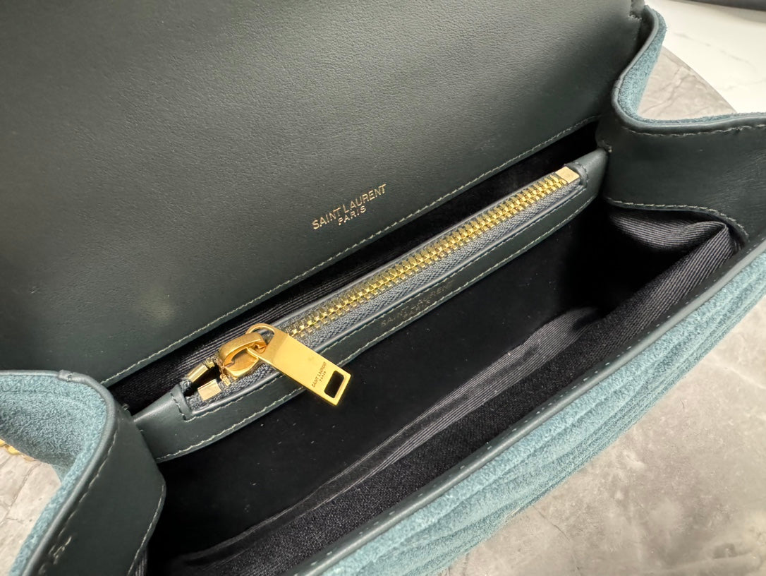 Saint Laurent Medium College Bag in Teal Green Suede with Gold-Tone Hardware