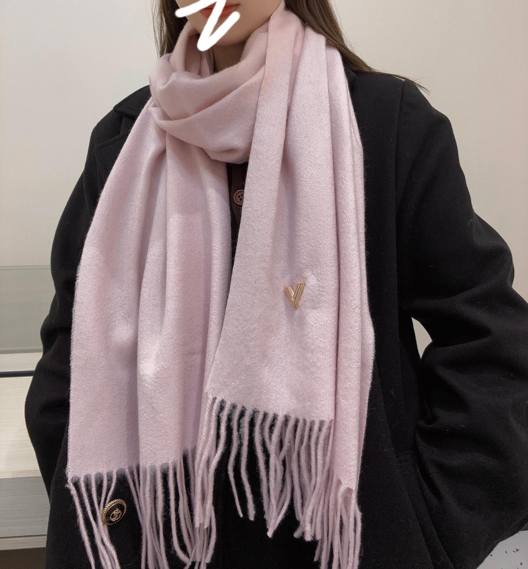 Louis Vuitton Women's Light Pink Wool Scarf with LV Logo and Fringed Edges