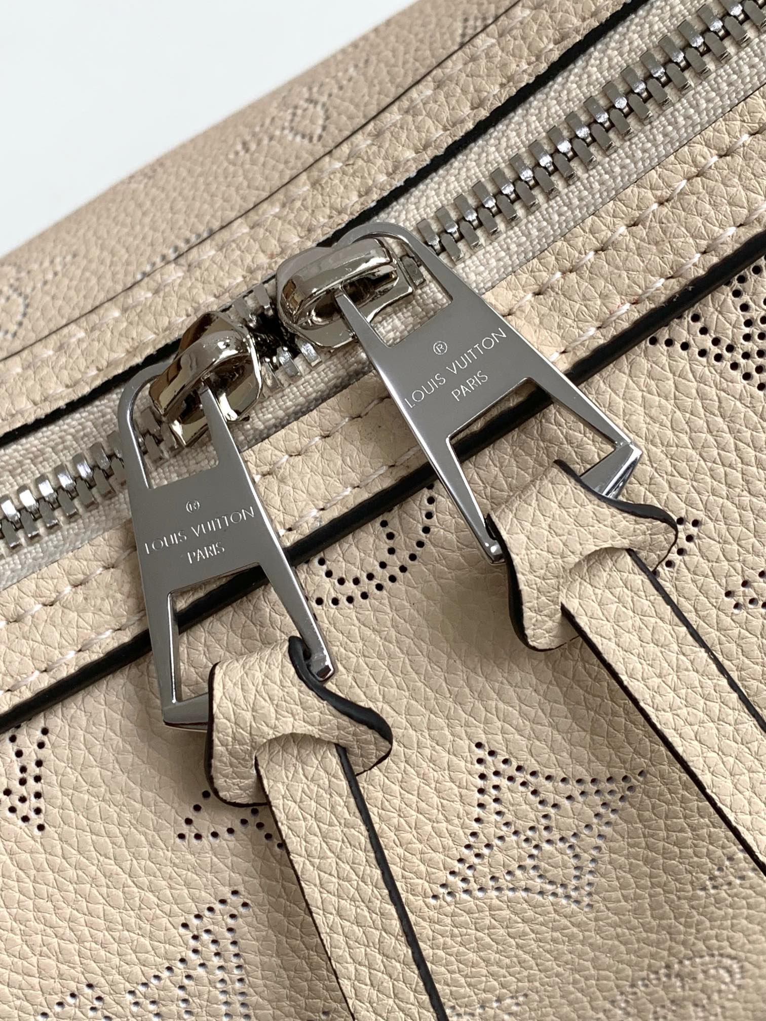 Louis Vuitton Bella Mahina Perforated Leather Beige Handbag with Silver Chain