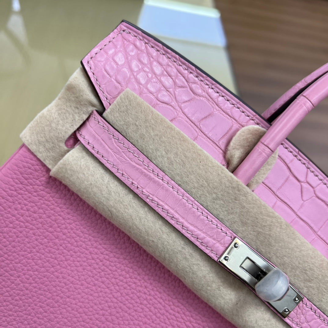 Pink Crocodile-Embossed Leather Top Handle Handbag - Elegant Designer Style Purse