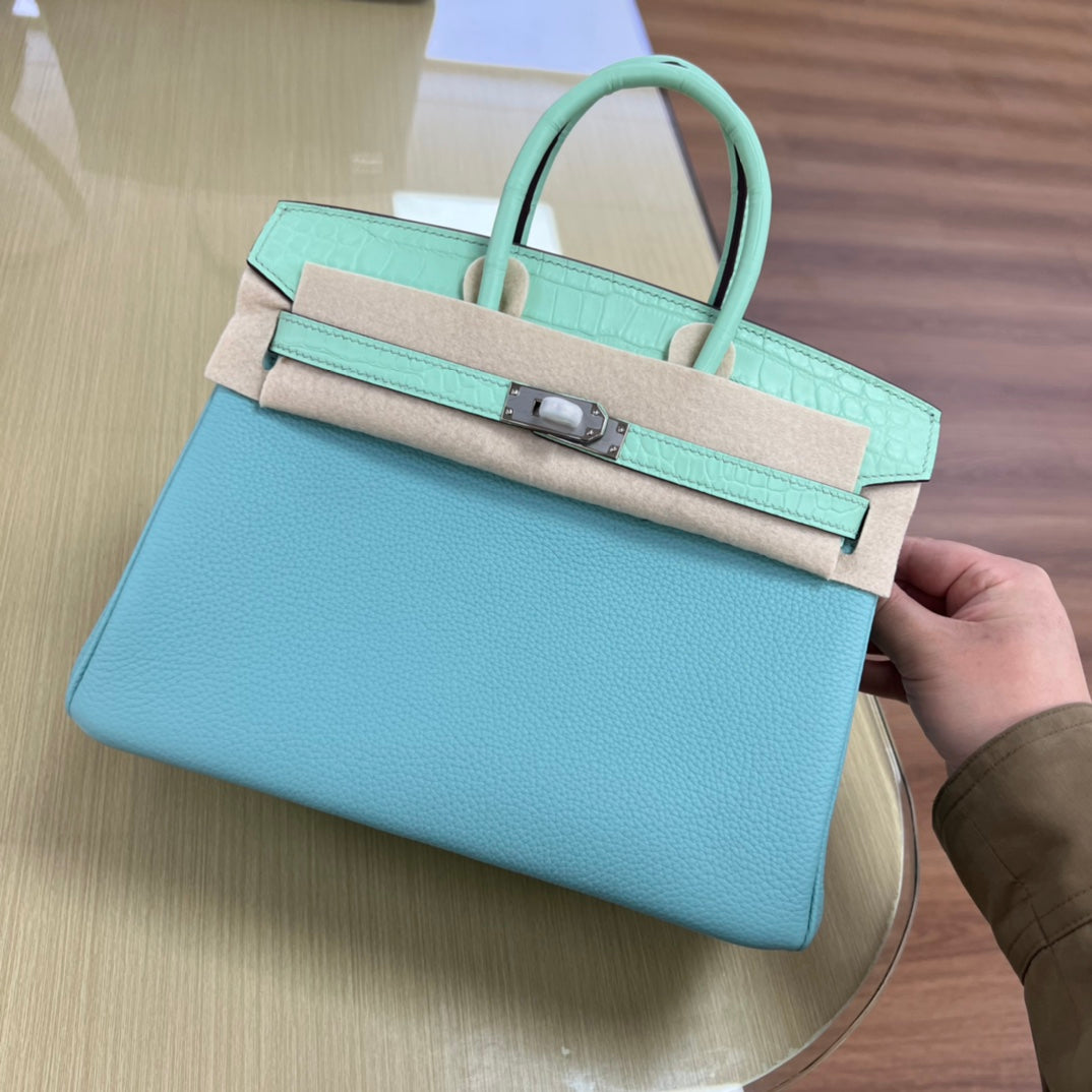 Luxury Two-Tone Leather Handbag in Turquoise and Mint Green with Silver Hardware