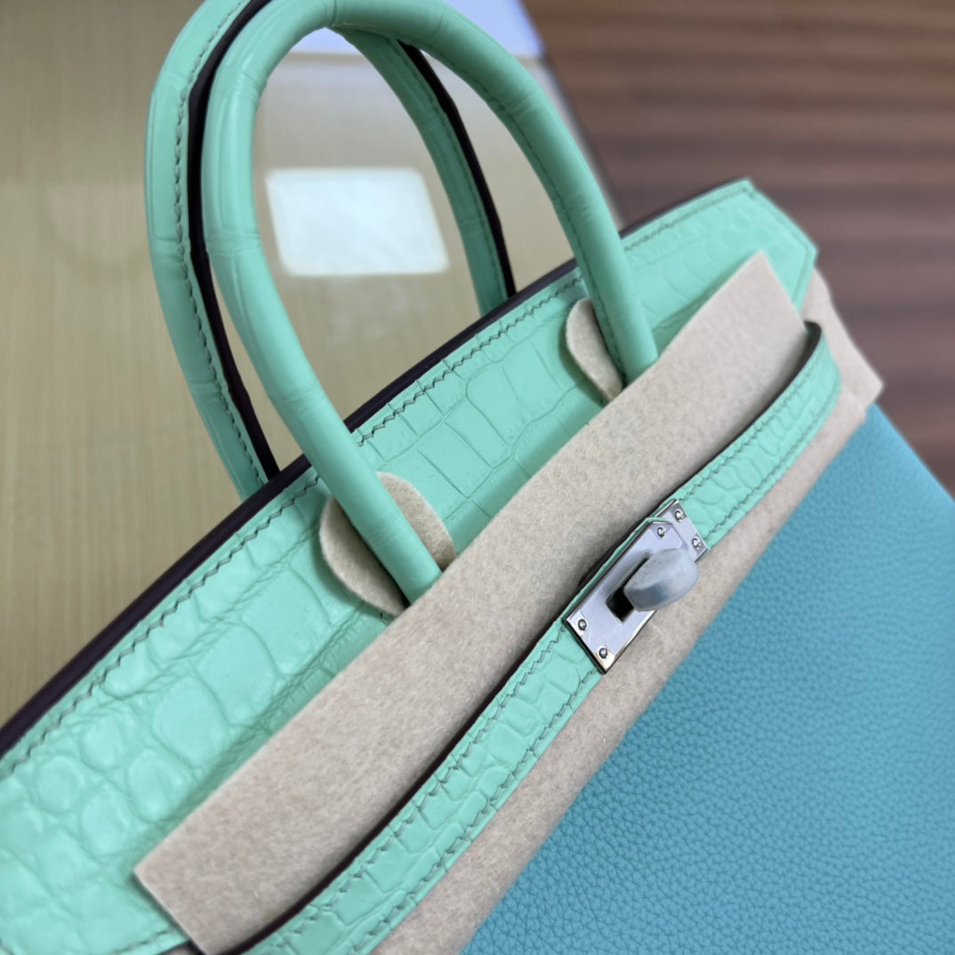 Luxury Two-Tone Leather Handbag in Turquoise and Mint Green with Silver Hardware
