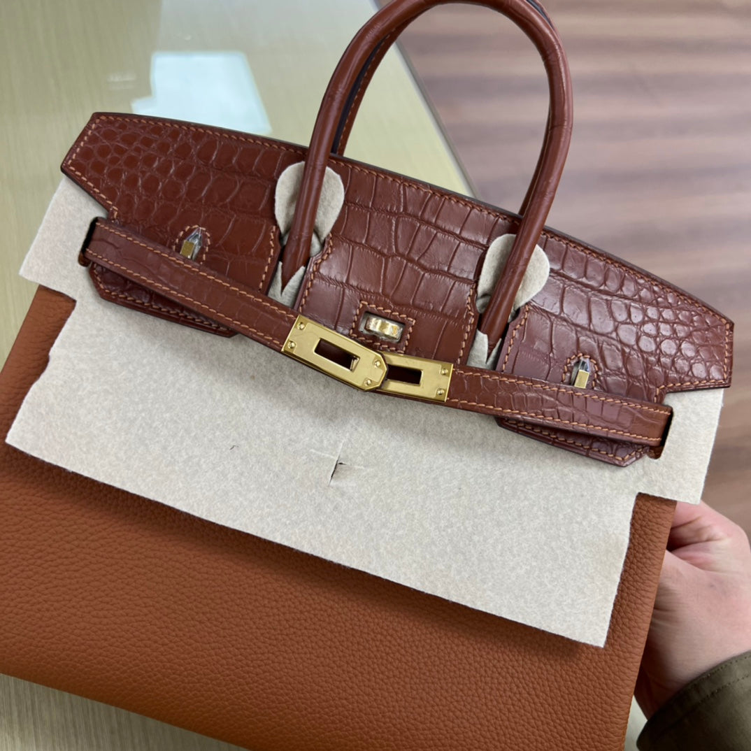 Elegant Brown Leather Top Handle Handbag with Crocodile Texture Accents