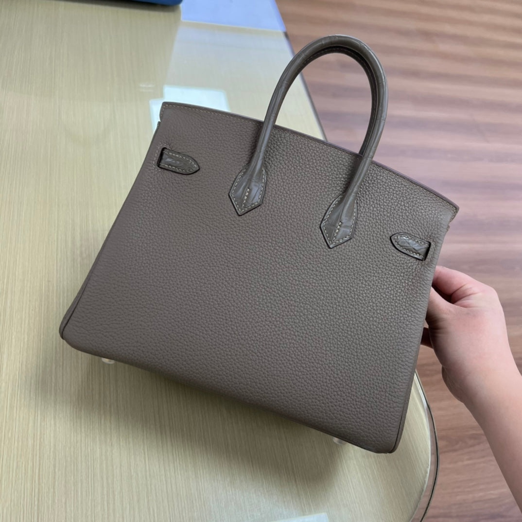 Luxury Two-Tone Crocodile Texture Leather Handbag - Brown &amp; Beige Top Handle Bag