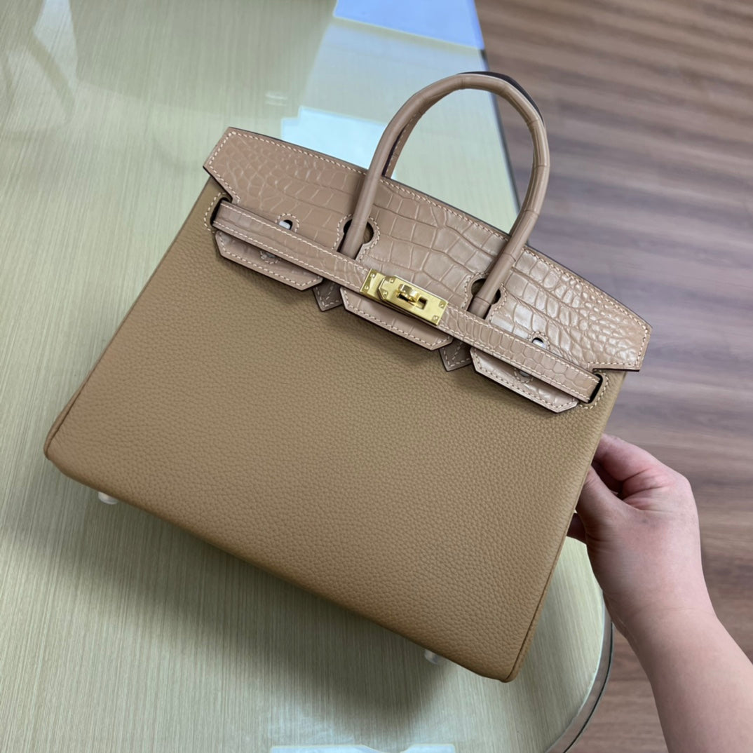 Elegant Tan Leather Handbag with Crocodile Embossed Trim and Gold Hardware