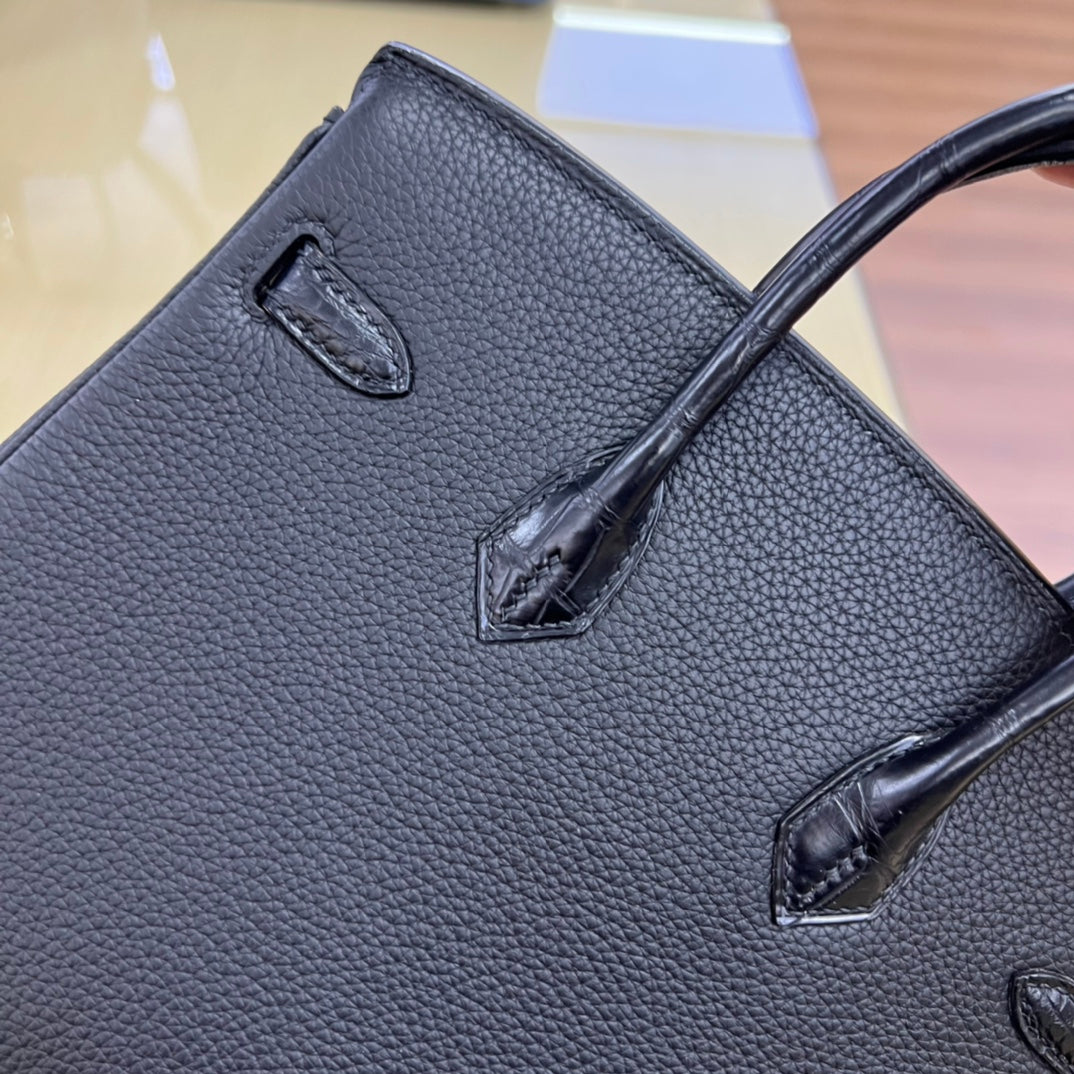 Luxury Black Crocodile-Embossed Leather Top Handle Bag with Silver Hardware