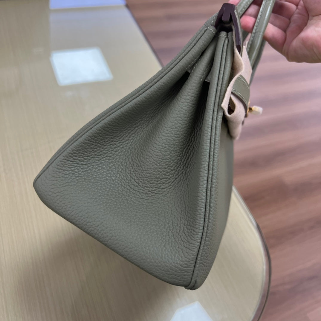 Elegant Sage Green Leather Top Handle Tote Bag with Gold Hardware