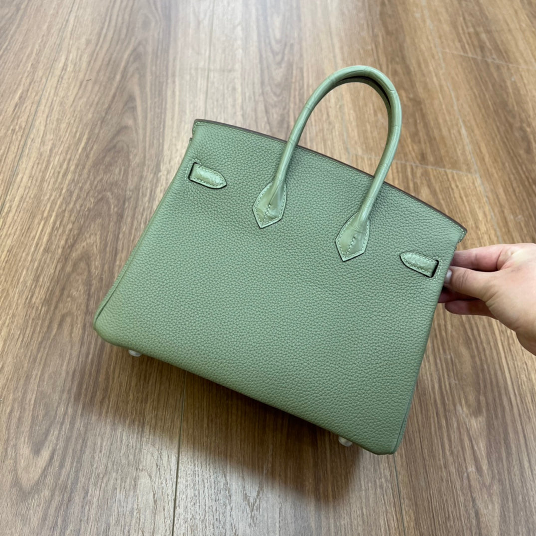 Sage Green Two-Tone Croc-Embossed Leather Birkin Style Top Handle Handbag