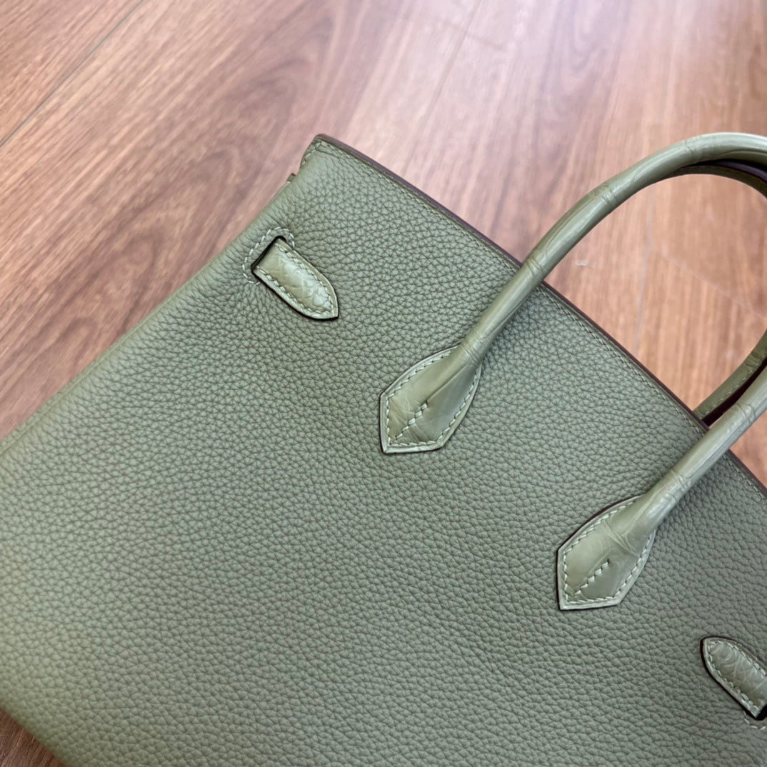 Sage Green Two-Tone Croc-Embossed Leather Birkin Style Top Handle Handbag