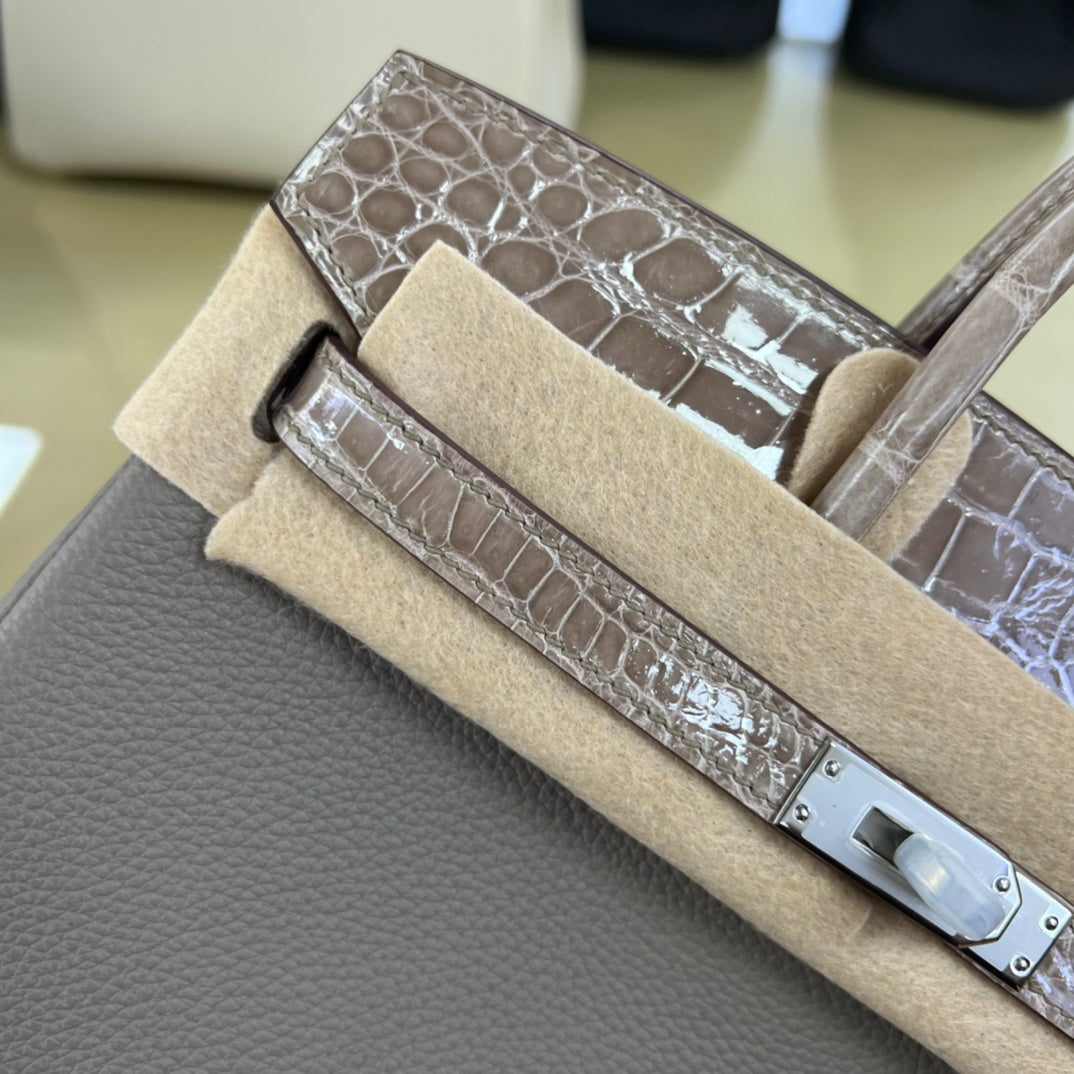 Grey Crocodile Texture Top Handle Leather Handbag with Silver Hardware
