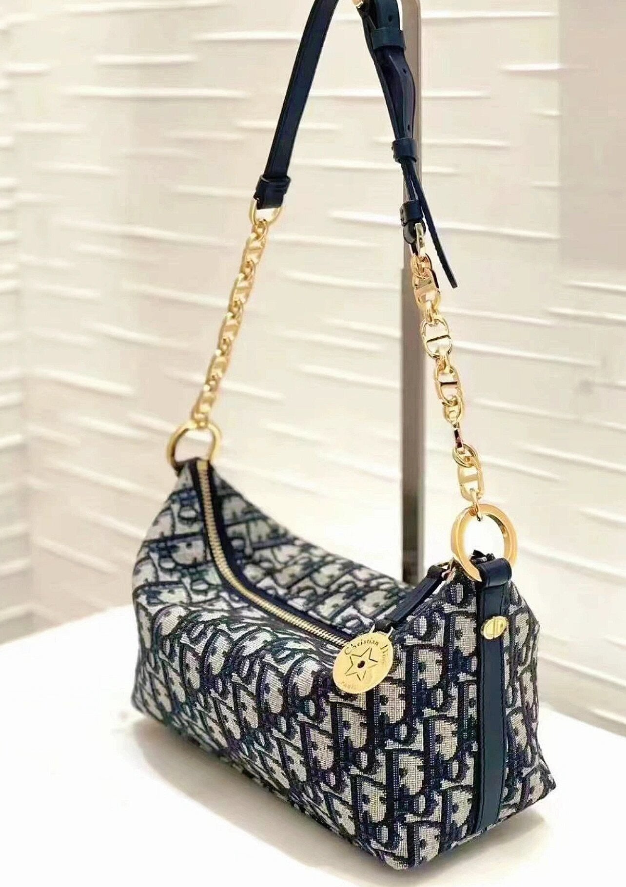 Christian Dior Mini Oblique Jacquard Shoulder Bag with Gold Chain Strap