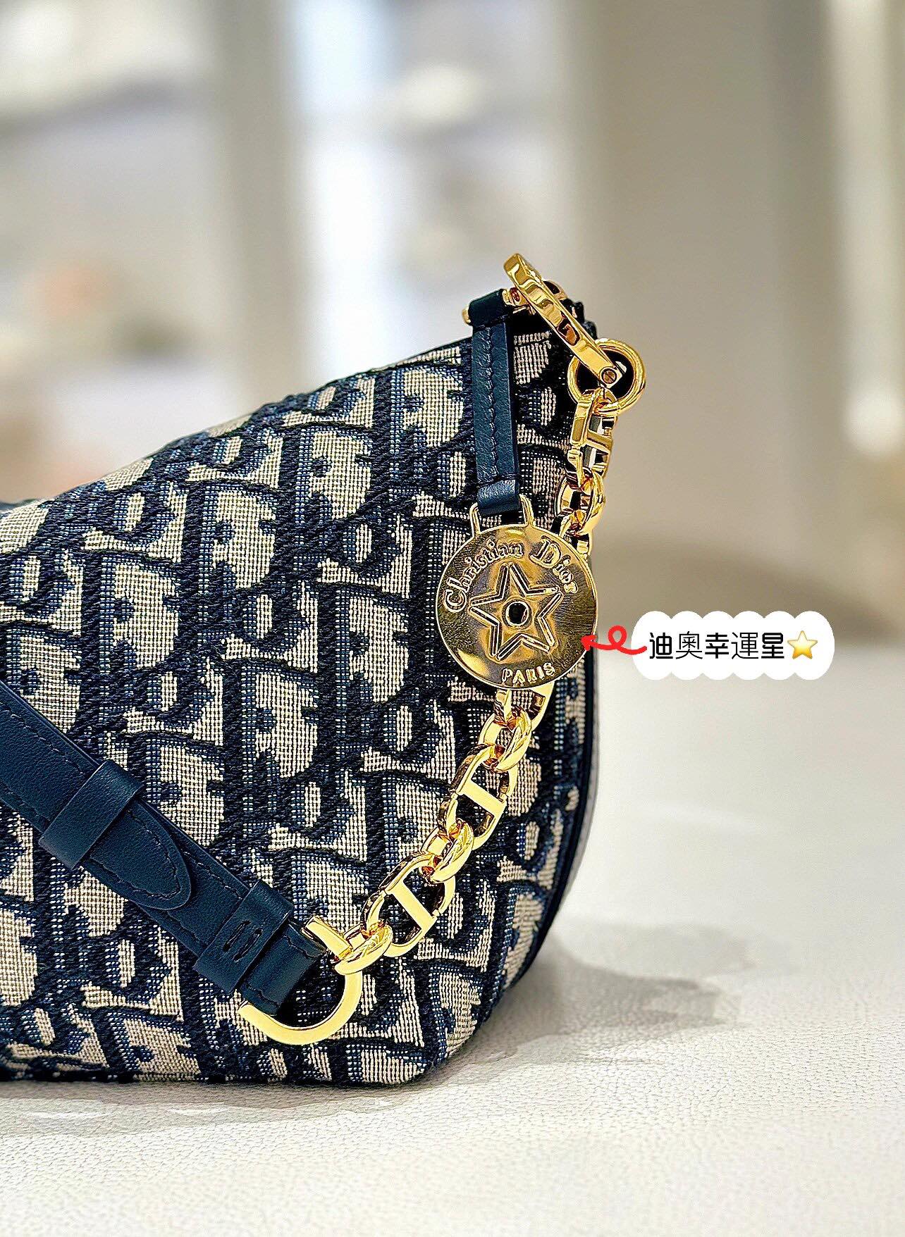 Christian Dior Mini Oblique Jacquard Shoulder Bag with Gold Chain Strap
