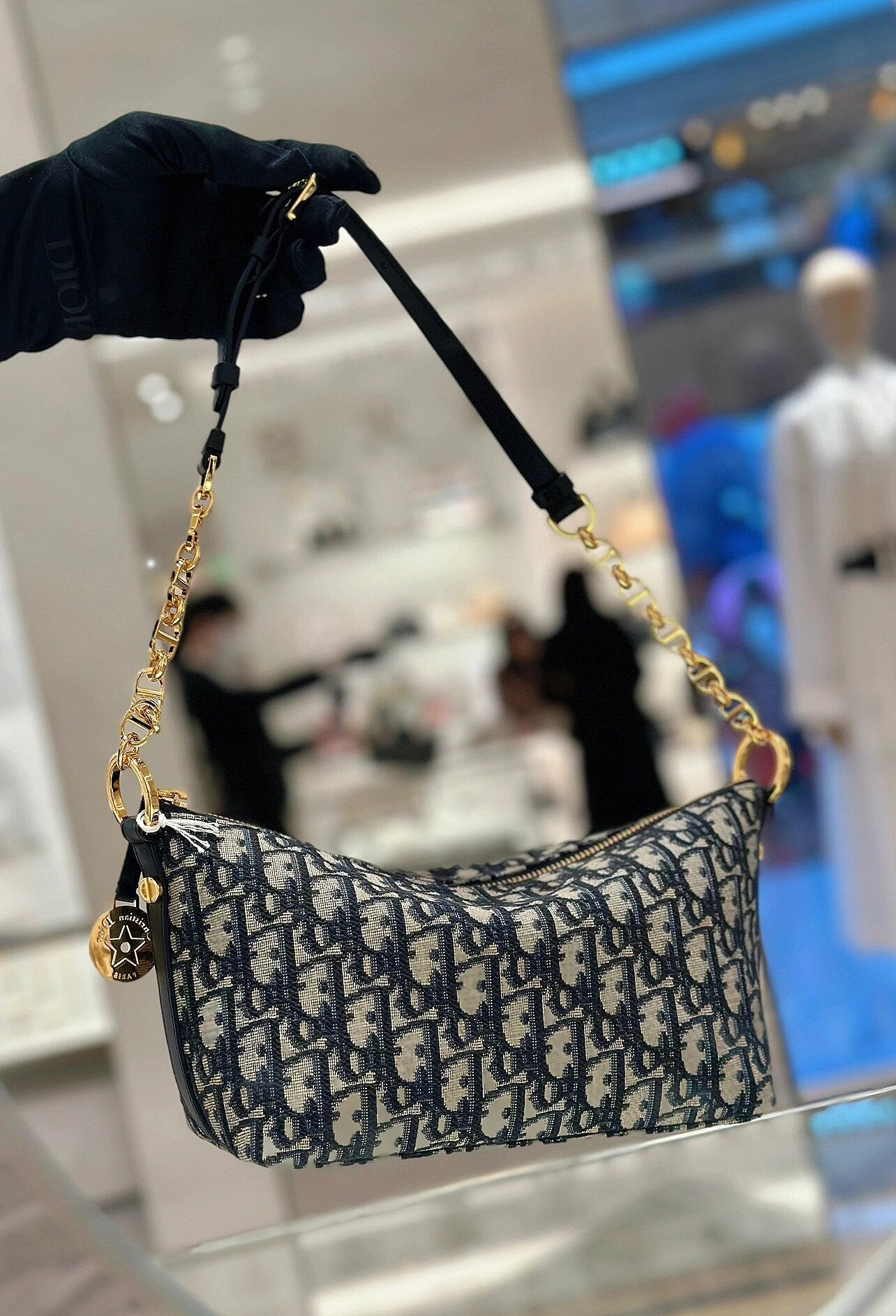 Christian Dior Mini Oblique Jacquard Shoulder Bag with Gold Chain Strap