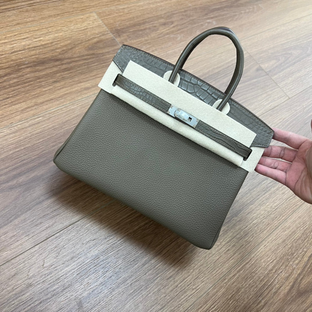 Two-Tone Leather Satchel Handbag with Gold-Tone Hardware - Brown and White